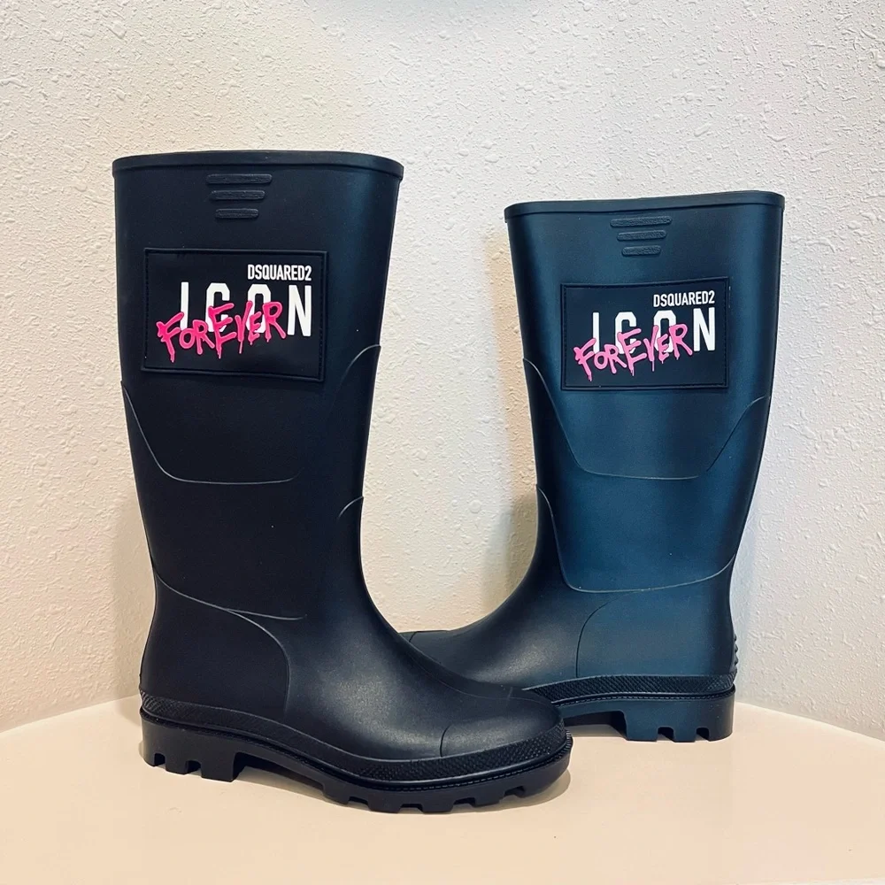 DSQUARED2 Women’s Icon Forever Tall Black Rubber Rain Boots Size 8 NEW - Picture 4 of 15